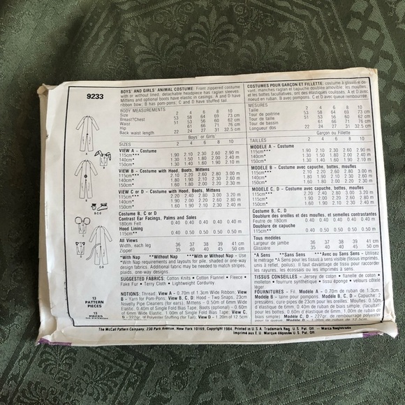 McCall’s 9233 pattern - size 4 - animal costumes for Halloween- theatre- skating - Picture 7 of 7